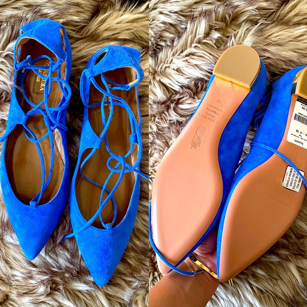 Aquazzura Blue Suede Christy Lace Up Flats
